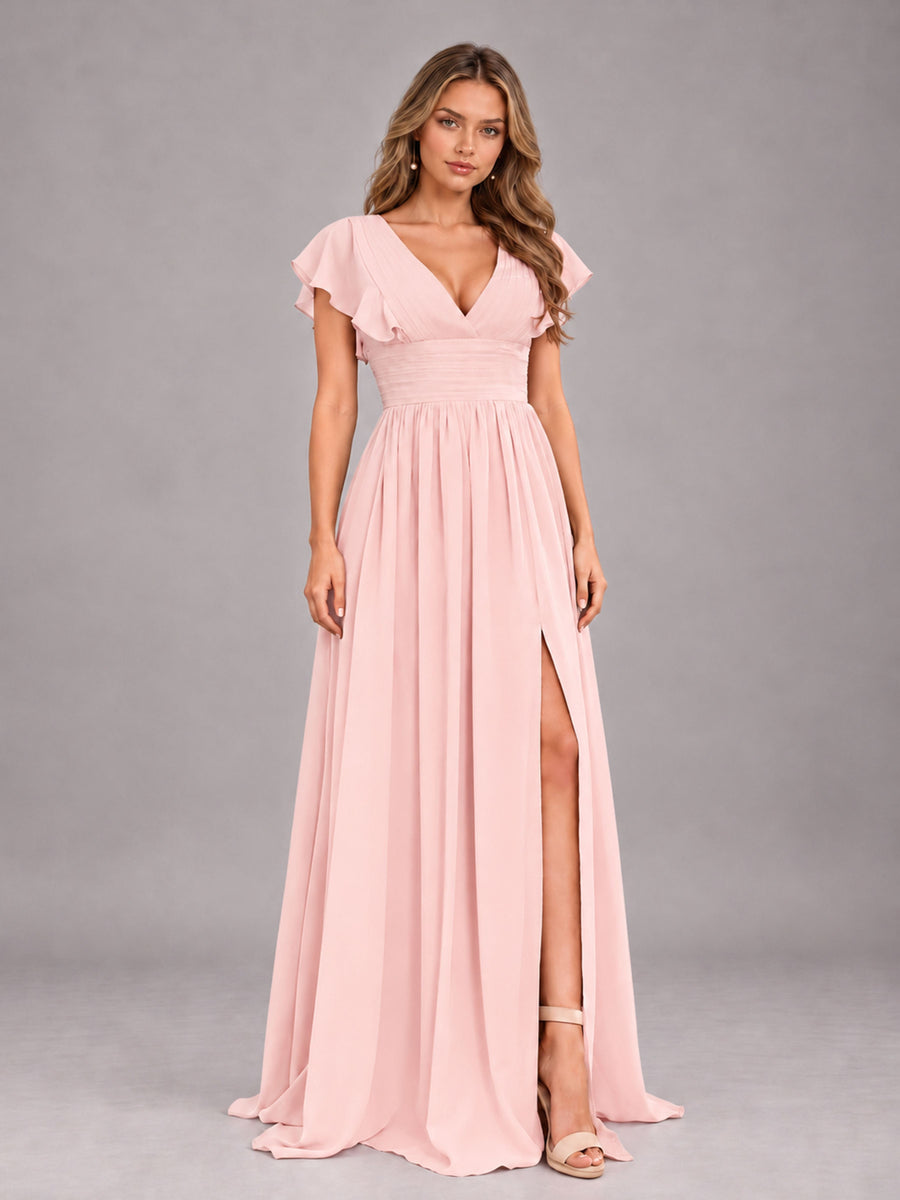 Blush Pink Sexy V-Neck Slit Floor Length Bridesmaid Dress With Pockets