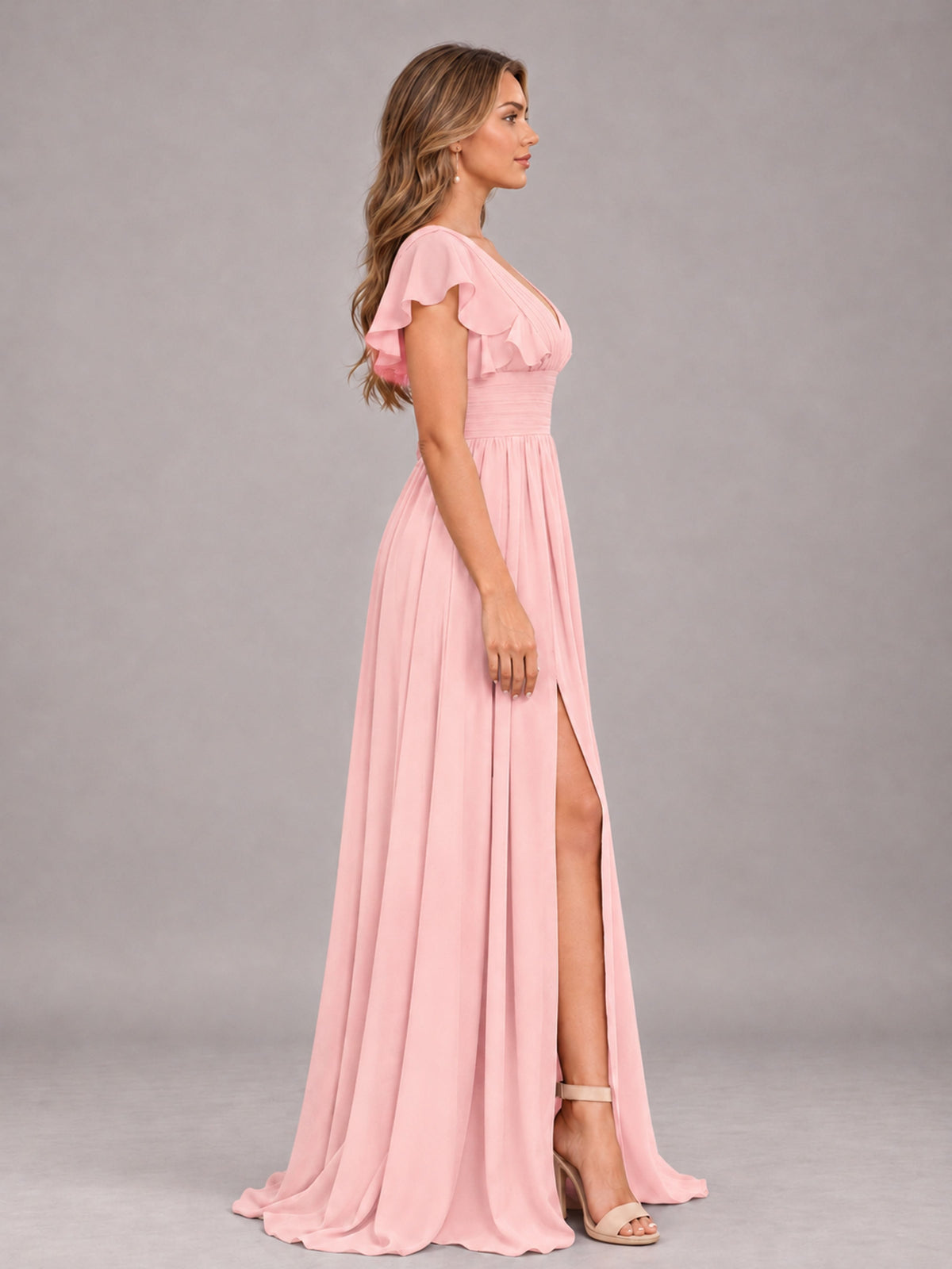 Blush Pink Sexy V-Neck Slit Floor Length Bridesmaid Dress With Pockets