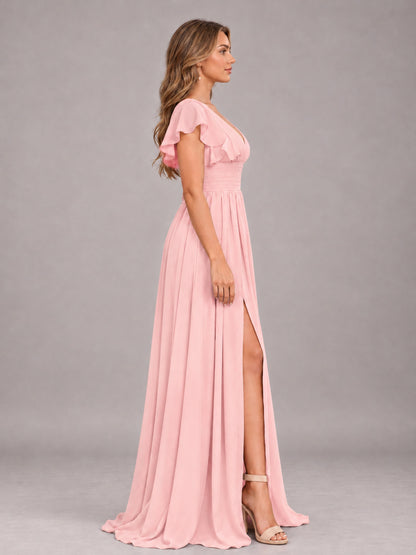 Blush Pink Sexy V-Neck Slit Floor Length Bridesmaid Dress With Pockets