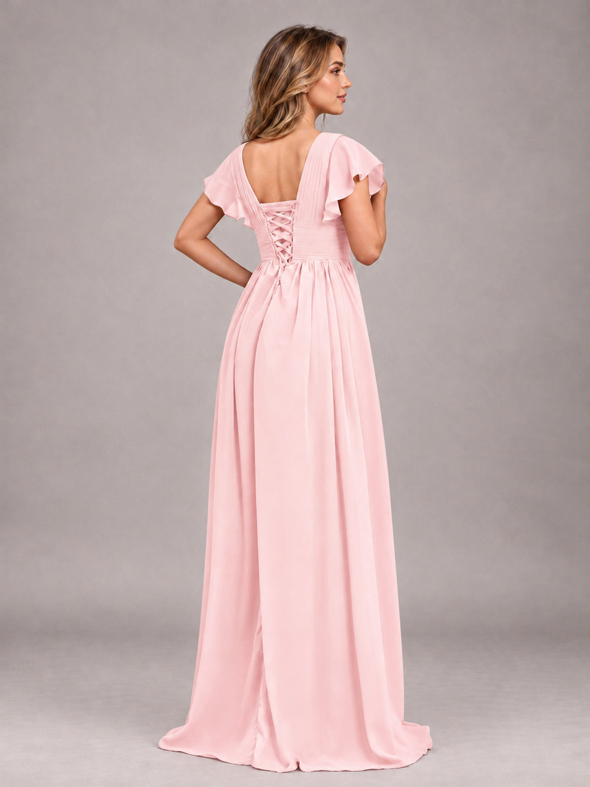 Blush Pink Sexy V-Neck Slit Floor Length Bridesmaid Dress With Pockets