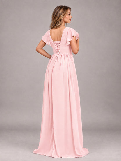 Blush Pink Sexy V-Neck Slit Floor Length Bridesmaid Dress With Pockets