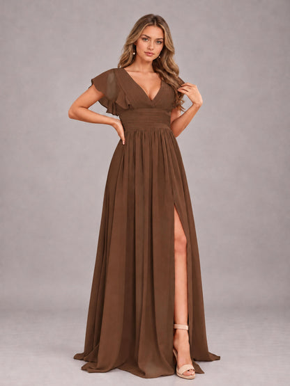 Brown Sexy V-Neck Slit Floor Length Bridesmaid Dress With Pockets