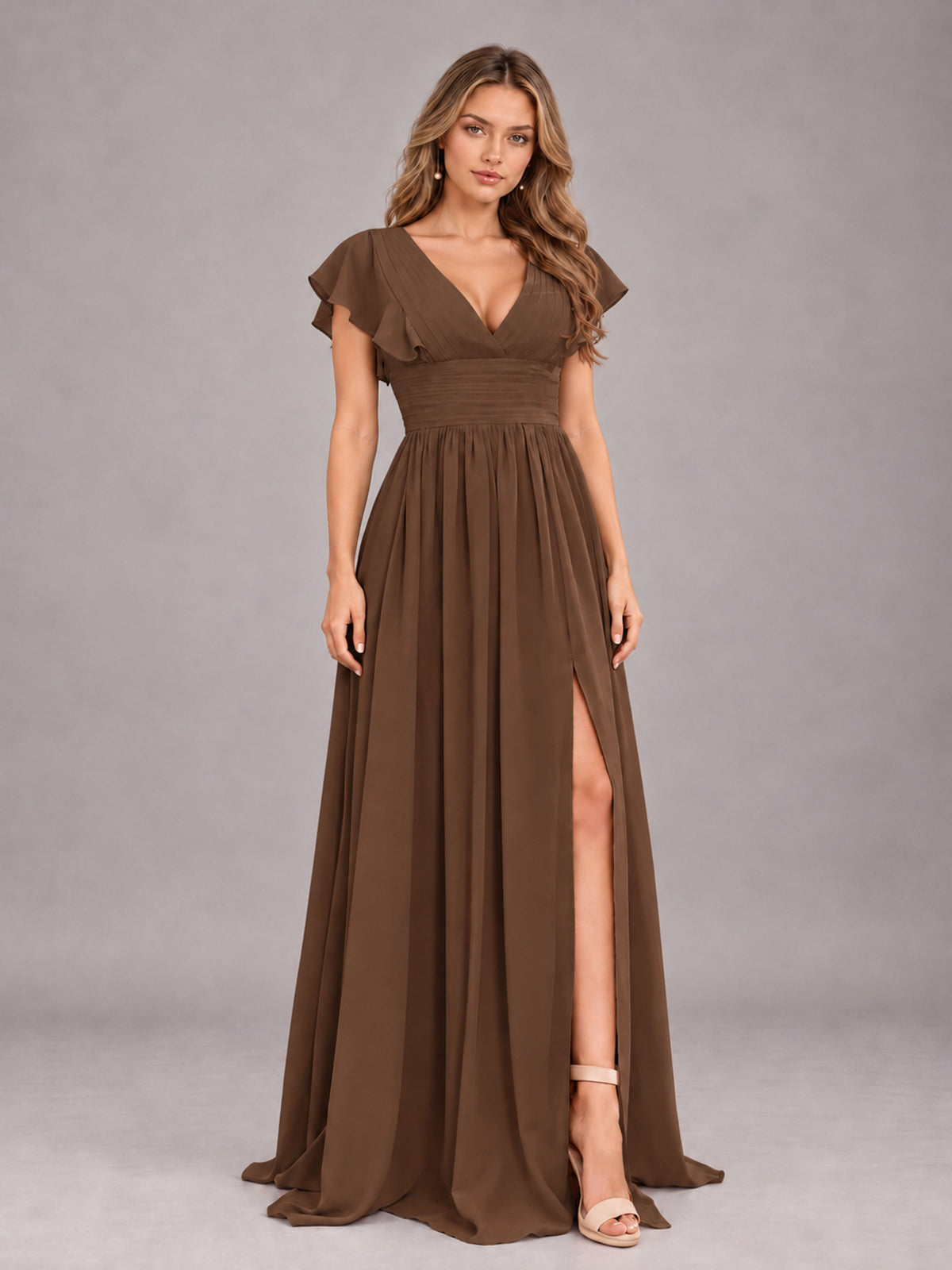 Brown Sexy V-Neck Slit Floor Length Bridesmaid Dress With Pockets