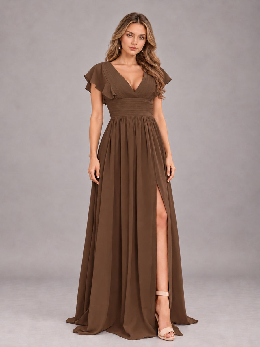 Brown Sexy V-Neck Slit Floor Length Bridesmaid Dress With Pockets