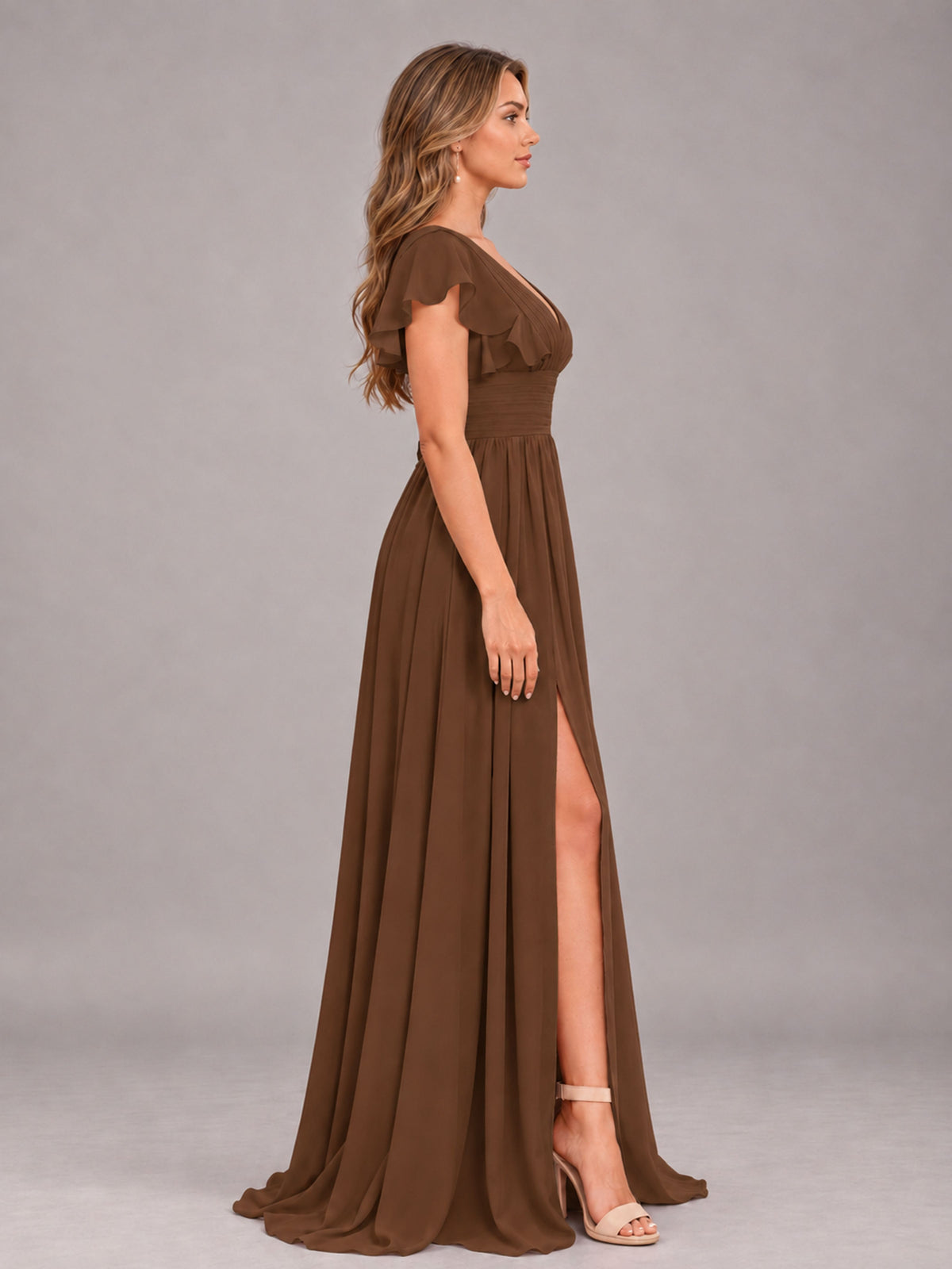 Brown Sexy V-Neck Slit Floor Length Bridesmaid Dress With Pockets