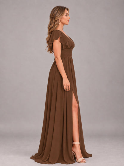 Brown Sexy V-Neck Slit Floor Length Bridesmaid Dress With Pockets