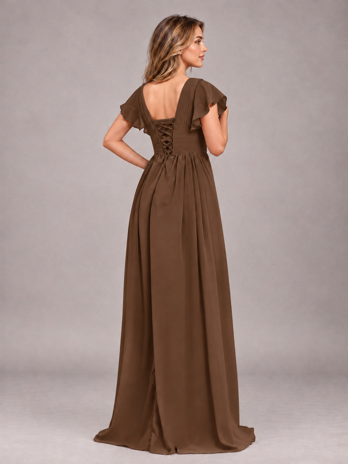 Brown Sexy V-Neck Slit Floor Length Bridesmaid Dress With Pockets