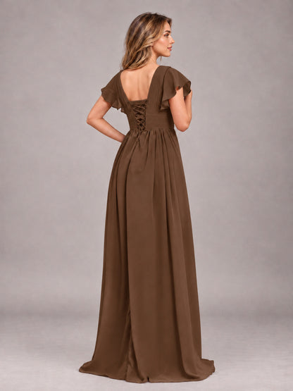 Brown Sexy V-Neck Slit Floor Length Bridesmaid Dress With Pockets