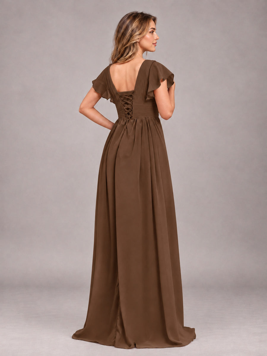 Brown Sexy V-Neck Slit Floor Length Bridesmaid Dress With Pockets