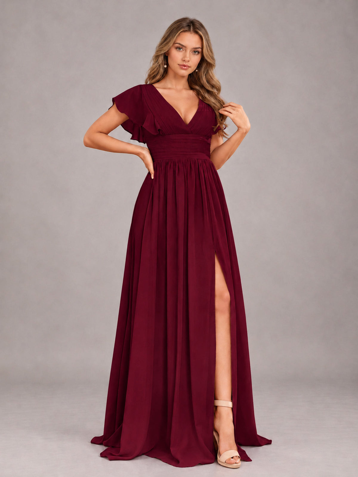 Burgundy Sexy V-Neck Slit Floor Length Bridesmaid Dress With Pockets