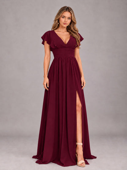 Burgundy Sexy V-Neck Slit Floor Length Bridesmaid Dress With Pockets