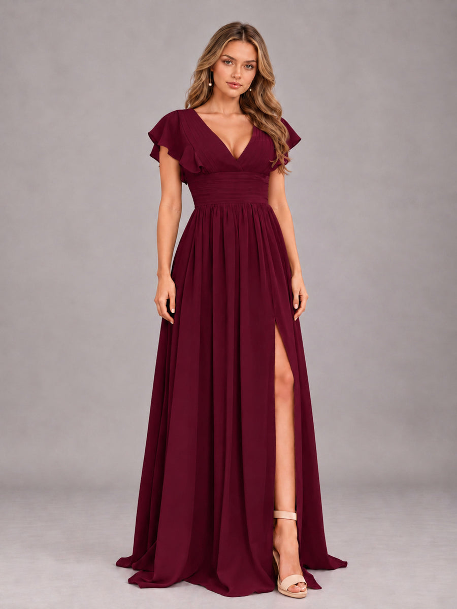 Burgundy Sexy V-Neck Slit Floor Length Bridesmaid Dress With Pockets