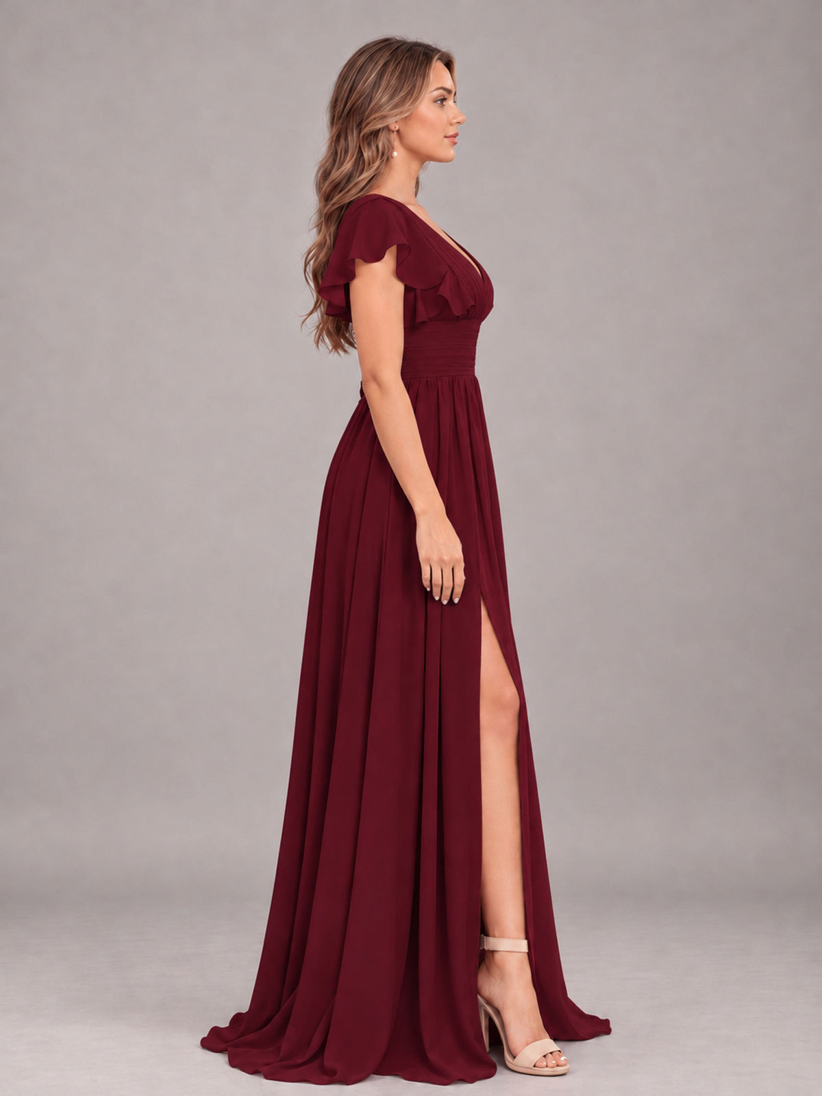 Burgundy Sexy V-Neck Slit Floor Length Bridesmaid Dress With Pockets