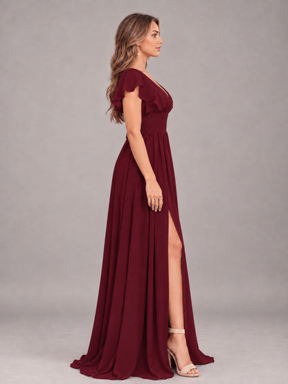 Burgundy Sexy V-Neck Slit Floor Length Bridesmaid Dress With Pockets