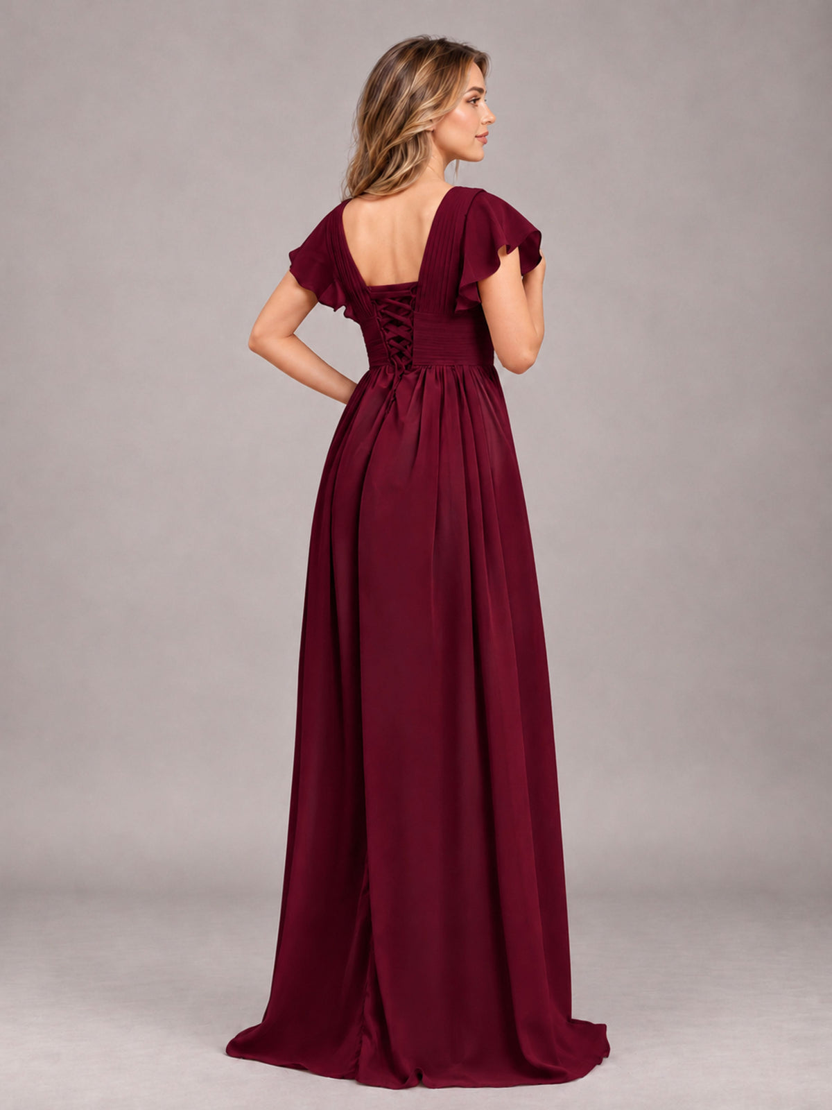 Burgundy Sexy V-Neck Slit Floor Length Bridesmaid Dress With Pockets