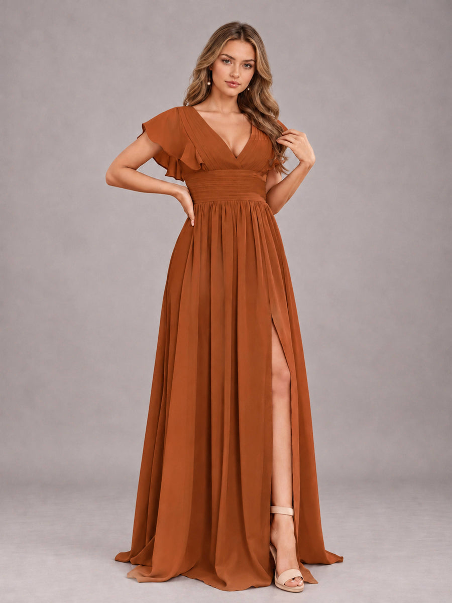 Burnt Orange Sexy V-Neck Slit Floor Length Bridesmaid Dress With Pockets