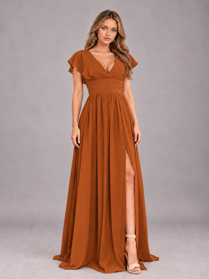 Burnt Orange Sexy V-Neck Slit Floor Length Bridesmaid Dress With Pockets