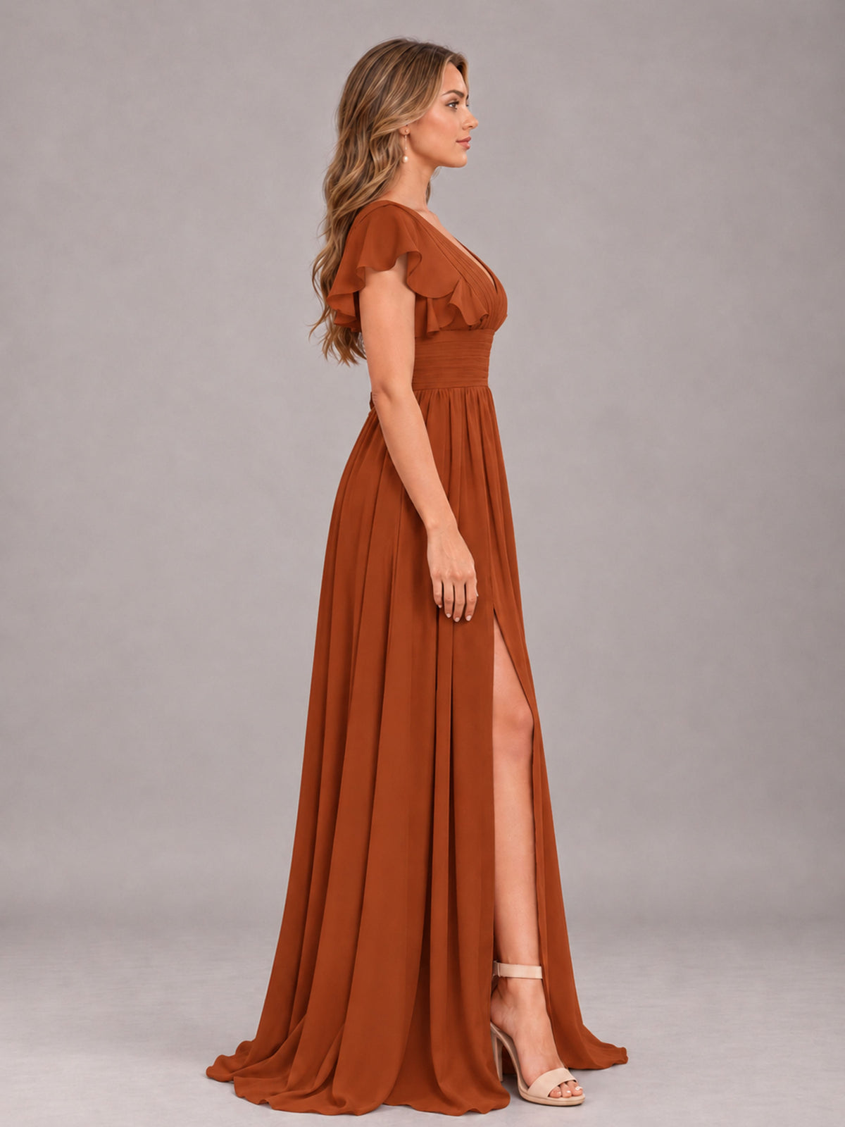 Burnt Orange Sexy V-Neck Slit Floor Length Bridesmaid Dress With Pockets