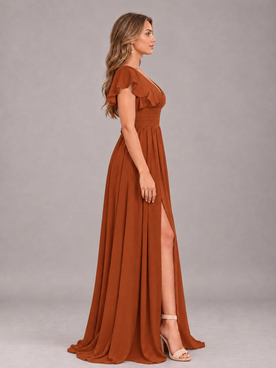 Burnt Orange Sexy V-Neck Slit Floor Length Bridesmaid Dress With Pockets