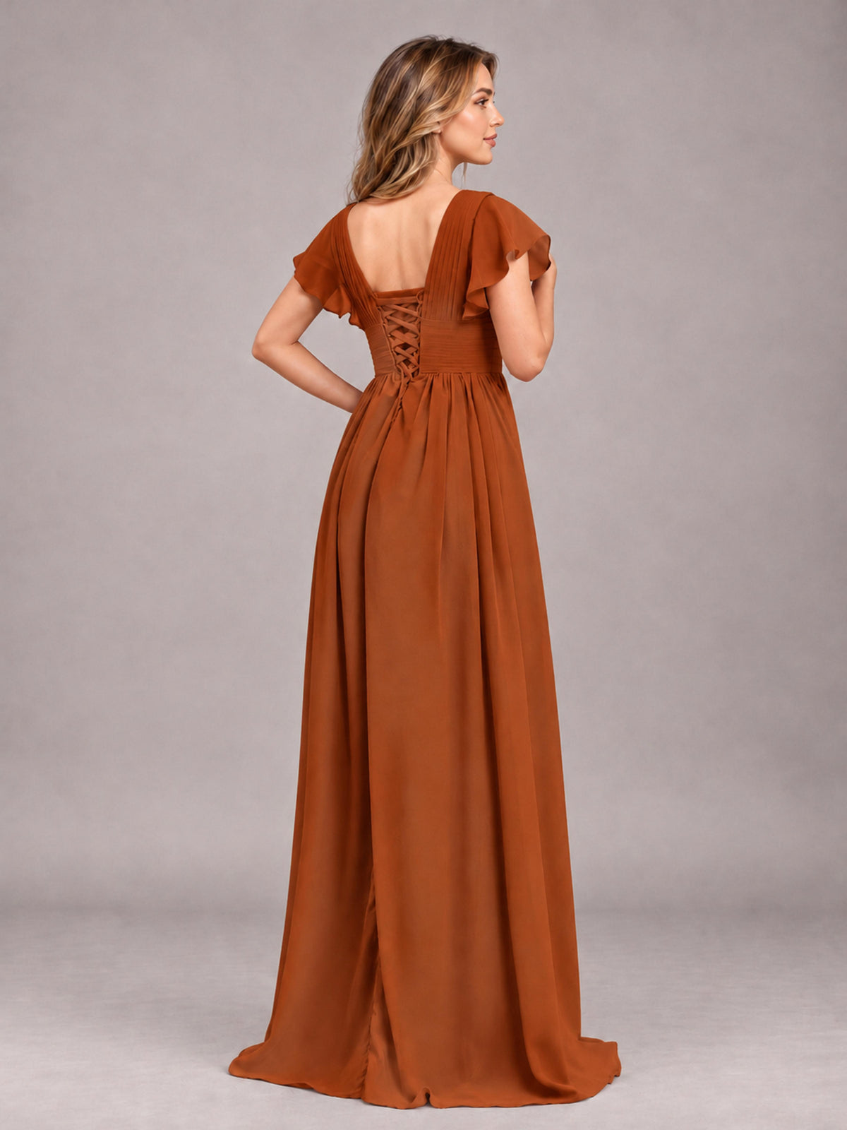 Burnt Orange Sexy V-Neck Slit Floor Length Bridesmaid Dress With Pockets