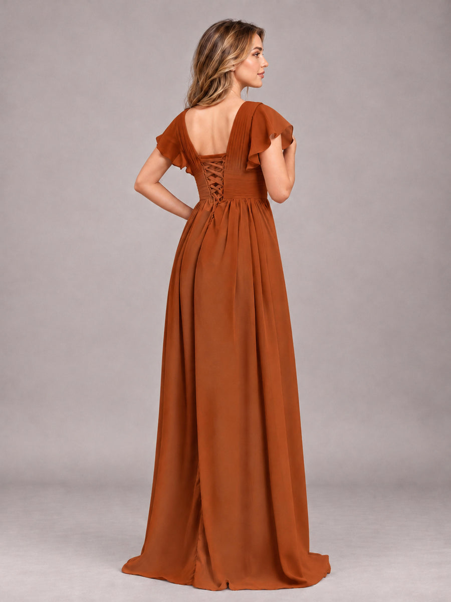 Burnt Orange Sexy V-Neck Slit Floor Length Bridesmaid Dress With Pockets