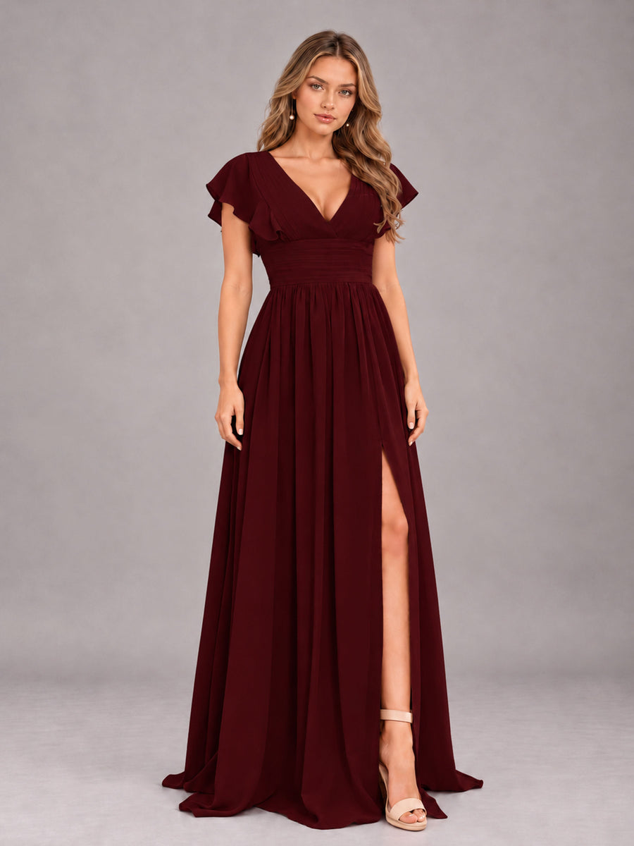 Cabernet Sexy V-Neck Slit Floor Length Bridesmaid Dress With Pockets