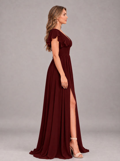 Cabernet Sexy V-Neck Slit Floor Length Bridesmaid Dress With Pockets