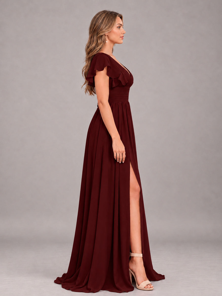 Cabernet Sexy V-Neck Slit Floor Length Bridesmaid Dress With Pockets