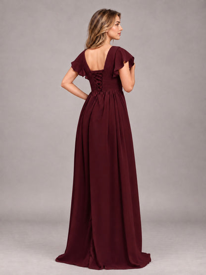 Cabernet Sexy V-Neck Slit Floor Length Bridesmaid Dress With Pockets