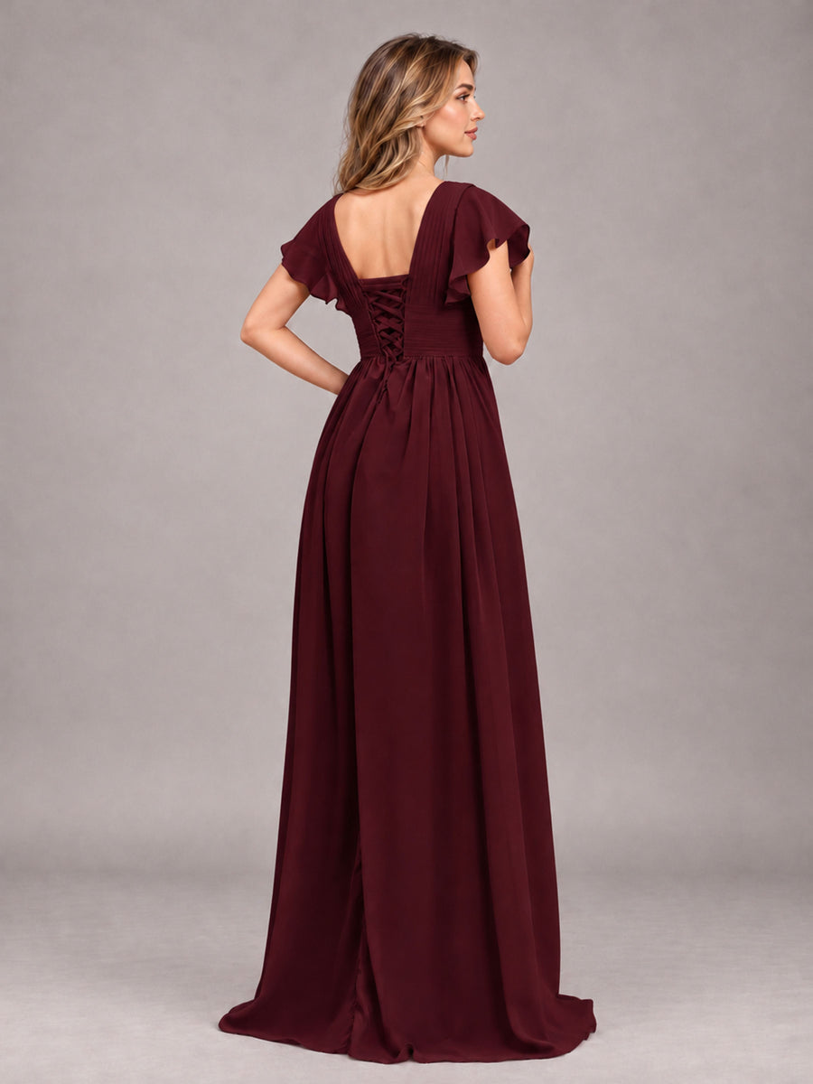 Cabernet Sexy V-Neck Slit Floor Length Bridesmaid Dress With Pockets