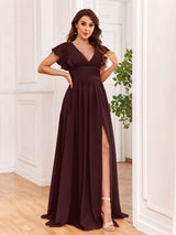 Sexy V-Neck Slit Floor Length Bridesmaid Dresses With Pockets