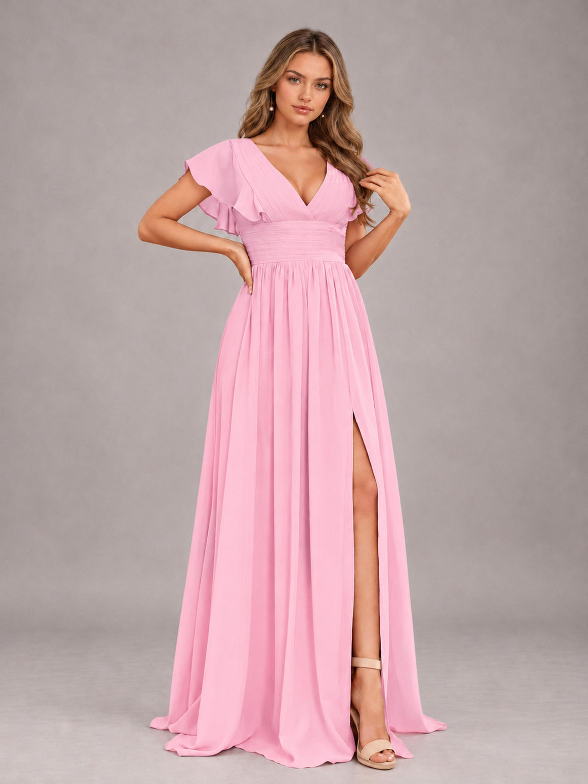 Candy Pink Sexy V-Neck Slit Floor Length Bridesmaid Dress With Pockets