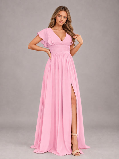 Candy Pink Sexy V-Neck Slit Floor Length Bridesmaid Dress With Pockets