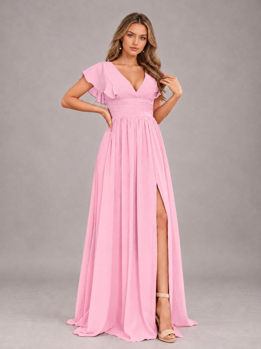 Candy Pink Sexy V-Neck Slit Floor Length Bridesmaid Dress With Pockets