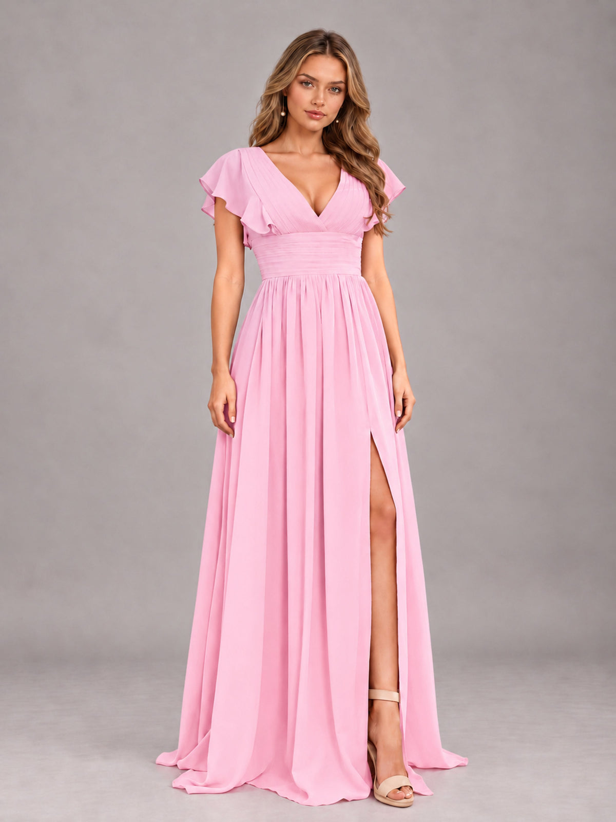 Candy Pink Sexy V-Neck Slit Floor Length Bridesmaid Dress With Pockets