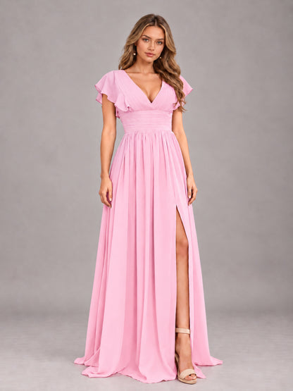 Candy Pink Sexy V-Neck Slit Floor Length Bridesmaid Dress With Pockets