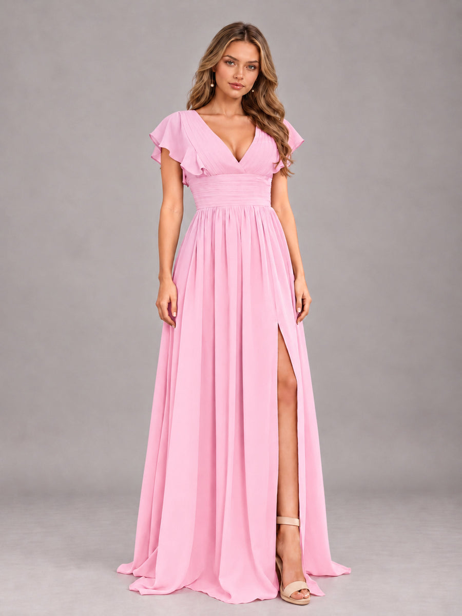 Candy Pink Sexy V-Neck Slit Floor Length Bridesmaid Dress With Pockets