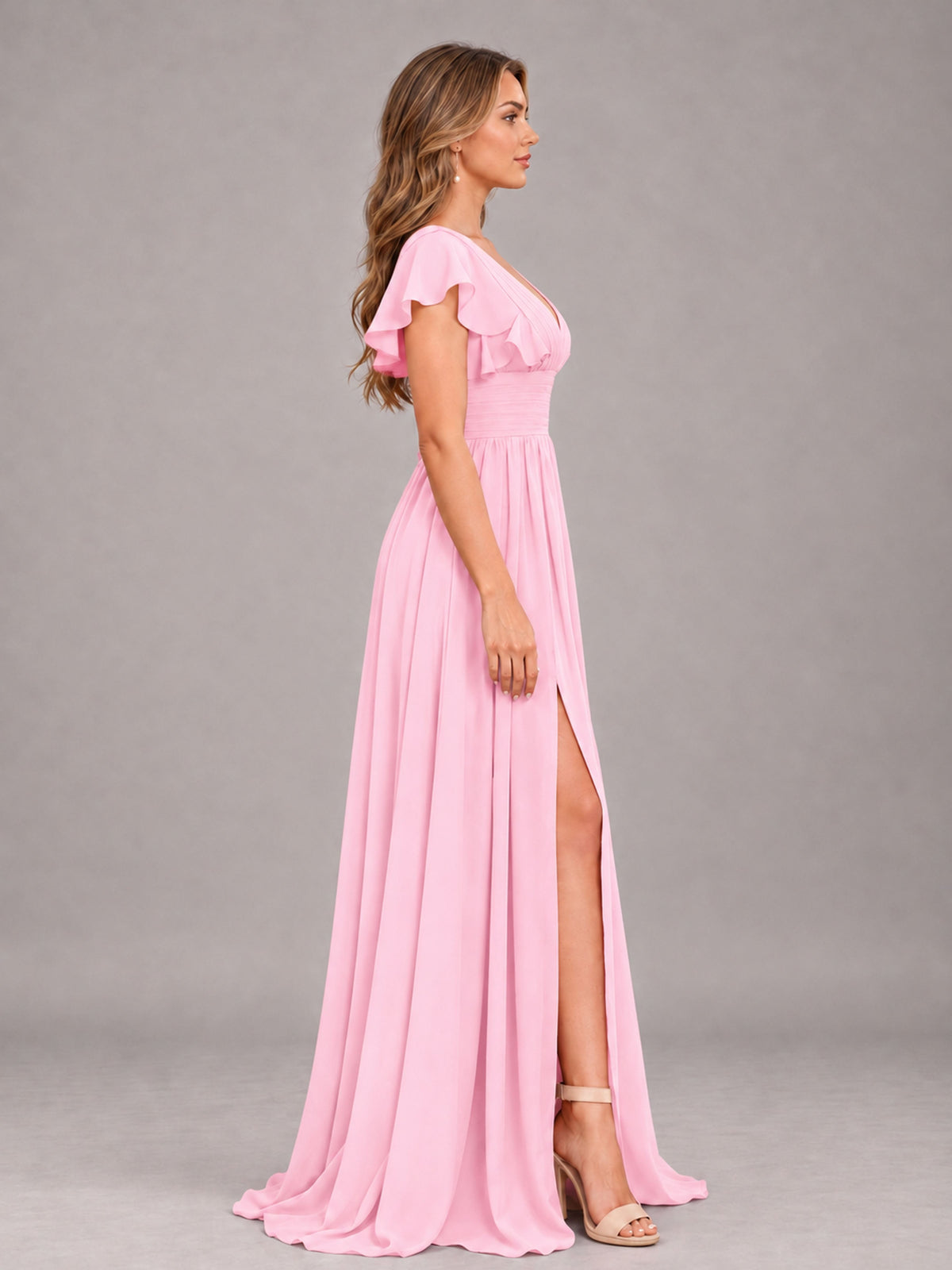 Candy Pink Sexy V-Neck Slit Floor Length Bridesmaid Dress With Pockets