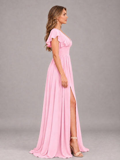 Candy Pink Sexy V-Neck Slit Floor Length Bridesmaid Dress With Pockets