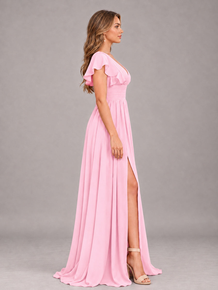 Candy Pink Sexy V-Neck Slit Floor Length Bridesmaid Dress With Pockets