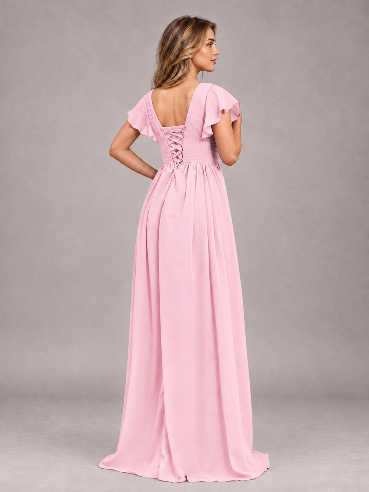 Candy Pink Sexy V-Neck Slit Floor Length Bridesmaid Dress With Pockets