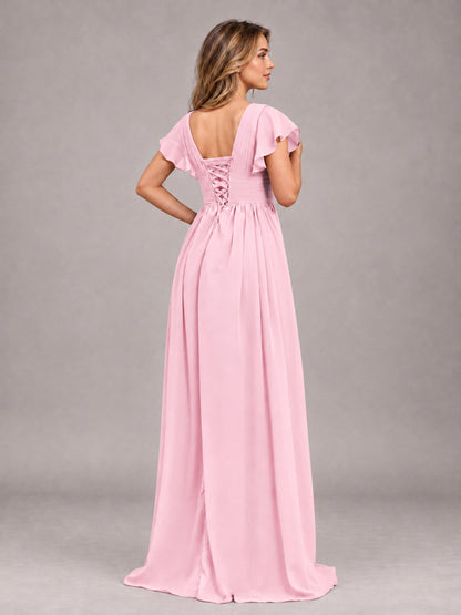 Candy Pink Sexy V-Neck Slit Floor Length Bridesmaid Dress With Pockets