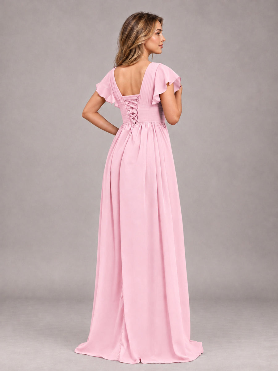 Candy Pink Sexy V-Neck Slit Floor Length Bridesmaid Dress With Pockets