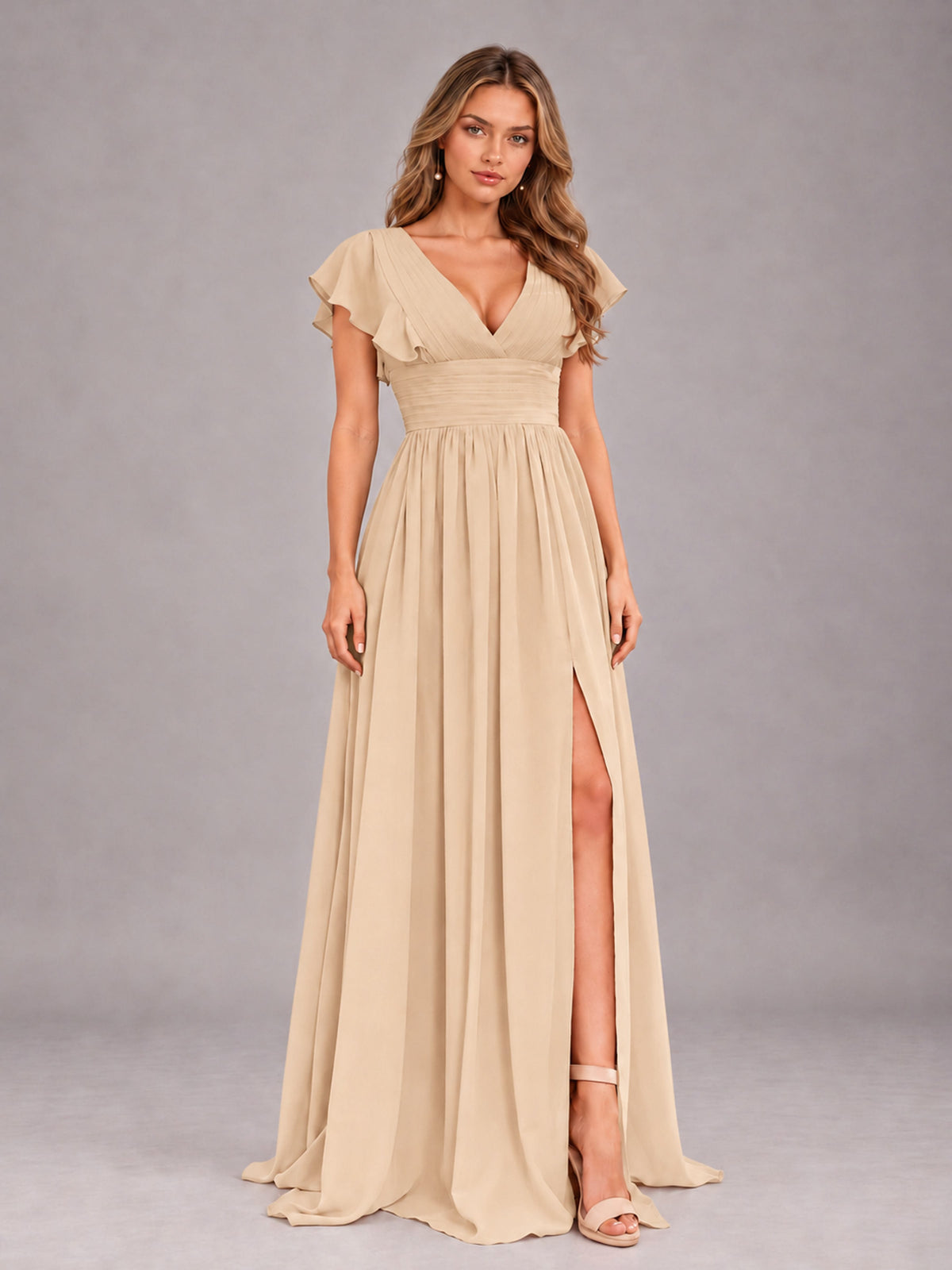 Champagne Sexy V-Neck Slit Floor Length Bridesmaid Dress With Pockets