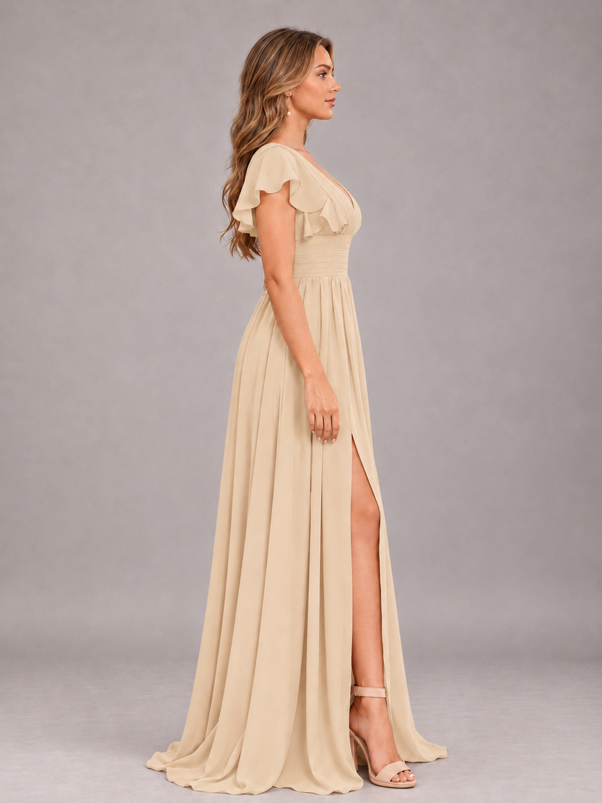 Champagne Sexy V-Neck Slit Floor Length Bridesmaid Dress With Pockets