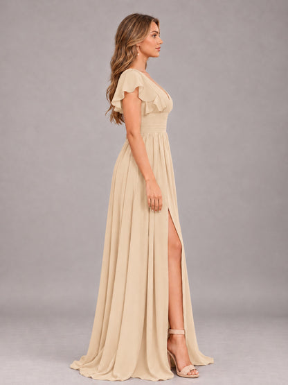 Champagne Sexy V-Neck Slit Floor Length Bridesmaid Dress With Pockets