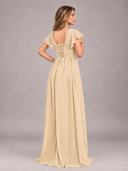 Champagne Sexy V-Neck Slit Floor Length Bridesmaid Dress With Pockets