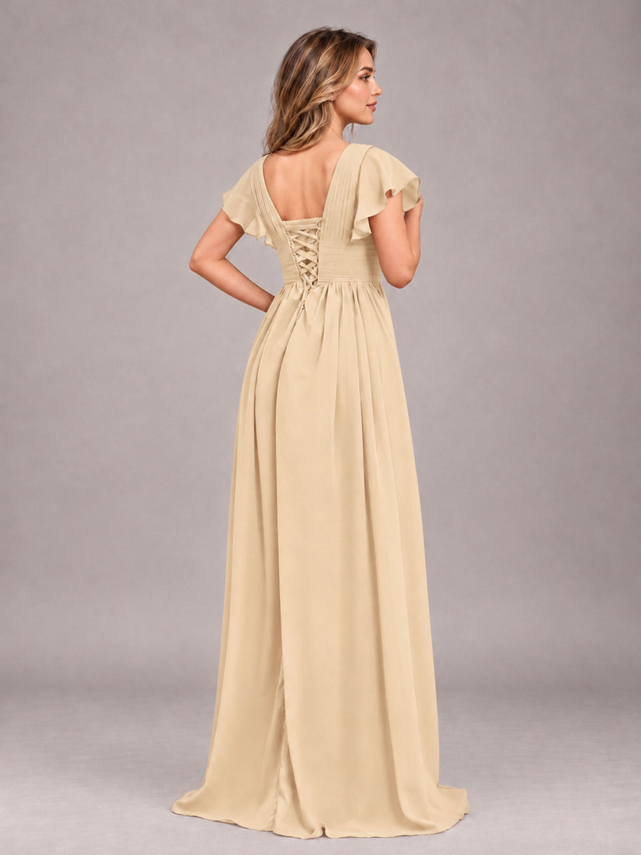 Champagne Sexy V-Neck Slit Floor Length Bridesmaid Dress With Pockets