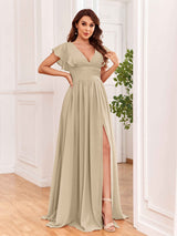 Sexy V-Neck Slit Floor Length Bridesmaid Dresses With Pockets