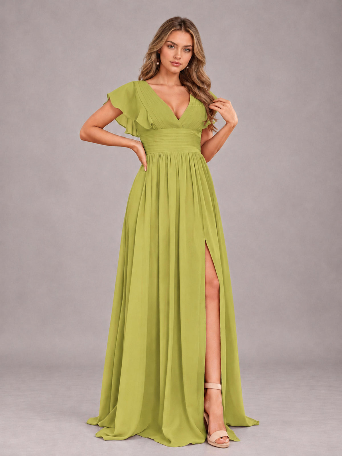 Chartreuse Sexy V-Neck Slit Floor Length Bridesmaid Dress With Pockets